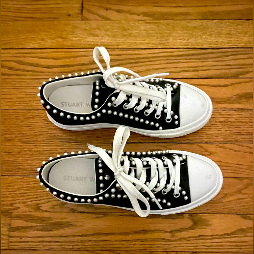 Stuart Weitzman black leather sneakers with pearls